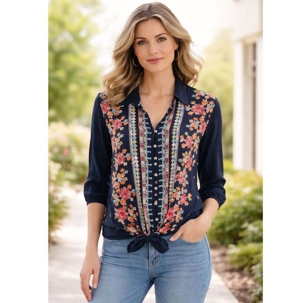 Fig and Flower Embroidered Long Sleeve V-neck Tie Shirt Blue S
